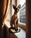 Placeholder: sleek Oriental Shorthair Siamese with rich chocolate point markings, its slender body poised elegantly on the narrow windowsill of an old, ornate apartment. The late afternoon sun casts golden streaks through the slightly parted curtains, illuminating the cat's almond-shaped, sapphire-blue eyes as it gazes intently at the bustling street below. Its large, bat-like ears twitch at distant sounds, while the delicate curve of its whip-like tail drapes over the edge of the sill. The window frame, wea