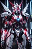 Placeholder: Photography HDR Beautiful Cyber Mecha gundam , her highly detailed, otherworldly appearance. Her porcelain-like skin is flawless and gleams with an ethereal glow, contrasting sharply with the deep black of her cybernetic armor. Her eyes are piercing through the darkness with their stunning red neon glow