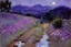 Placeholder: Night, purple flowers, pathway, mountains, rocks, little puddle, theodore robinson impressionism painting