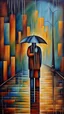 Placeholder: I stand here with the loneliness you left me with crying in rain . Cubism style painting.