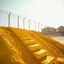 Placeholder: Photograph, wasteland, noon-light, huge fence in the background, bright, brutalist steps, yellow, daylight, details of the powder very accentuated, high contrasts, fence, powder, aluminum, row of houses