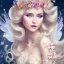 Placeholder: fantasy fairy with transparent wings, smiling, make up, long platinum blond hair with crown and flowers, arcoris dress