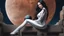 Placeholder: fantasy photo of a woman with black hair, sitting on a ledge over a pond, wearing an android-looking catsuit, sideways, with a planet behind her head