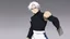 Placeholder: Satoru Gojo is a young guy white hair blue eyes black turtleneck without arms white loose pants in a defensive pose