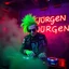 Placeholder: A DJ performing at dance club, his name DJ JüRGEN and looks crazy, crazy green hair with crazy outfit. Neon lights and smog, DJ JüRGEN SIGN ON WALL, ,JüRGEN, JüRGEN