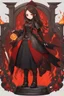 Placeholder: A young woman with pale skin and long brown hair in a fantasy setting with intricate details. Her attire is sleek black and red. She is smirking, has intense red eyes, intimidating presence, exudes an aura of malevolence. High definition. Fire in the background.