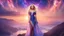 Placeholder: Full body portrait of a peaceful smiling gorgeous blonde Goddess of the galaxies with a blue indigo purple skin, high skul, luminous eyes in a galactic sunset