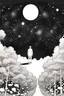 Placeholder: Peaceful, Jean Giraud, man floating, night sky filled with galaxies and stars, trees, flowers, black ink, one-line drawing, sharp focus, 8k, 3d