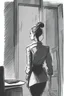 Placeholder: woman with a bun walking away out of someone's office with big windows sketch style