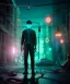 Placeholder: Ultra realistic photographic night portrait, cinematic, <Asian woman> <hanging wires> <retro monitor> many wires coming out of the head <perfect pupil> <cyborg arm> <garage> <wide angle Shot> <sci-fi futuristic> <thriller>, neon lights, color fog, soft color, highly detailed, unreal engine 5, ray tracing, RTX, lumen lighting, ultra detail, volumetric lighting, high definition.