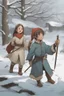 Placeholder: DnD style, two medieval peasant kids playing in the snow male and female, age 14 and 15, happy and playful, he has a short sword.