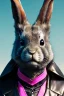 Placeholder: Medium Close Up Portrait, Front image. cyberpunk, rabbit mask, Japanese man, pink long hair. latex, glossy suit. Pink, black, white, color. Mad max style. Color background, photo studio. Avatar image, highly detailed, concept art, smooth, unreal engine 5, god rays, ray tracing, RTX, lumen lighting, ultra detail, volumetric lighting, 3d, finely drawn, high definition, high resolution.