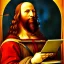 Placeholder: leonardo da vinci with computer. creating in photoshop. hyperdetailed, warm colors, movie poster, photoillustration, oil on canvas, lens flare