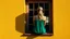 Placeholder: A lone figure of a young woman, seen from behind, sits in a window frame. She is wearing a flowing green dress and her blonde hair is pulled back. The window is set into a textured, bright yellow wall. A strong shadow, cast by an unseen object, stretches diagonally across the lower left portion of the wall, contrasting with the vibrant yellow. The interior of the window is dark, with a hint of a reflection or interior structure visible in the panes. The overall mood is serene and contemplative,
