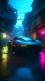 Placeholder: futuristic car, arriving at the slums of a city, robots everywhere, neon lighs, drone shot, cyberpunk, digital art, 4k