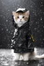 Placeholder: baby cat in raincoat. Chibi, Photograph, Canon DSLR, Tilt - shift, black background, high definition, Complete and coordinated composition, 8k