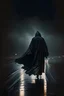 Placeholder: A man walking on a dark and scary road, wearing a robe over his head, and it is raining, and the wind is blowing his clothes