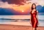 Placeholder: very nice real face beautiful sexy roman with make up at the beach standing pose in a short lace red and silver dress, full body, 3D cloudy sky volumetric nice clouds 8k sharp focus,sunset,golden hour,medium shot