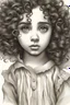 Placeholder: young hispanic girl with curly hair, spooky classic drawings upclose of eyes