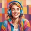 Placeholder: Generate a colorful and vibrant portrait of a young woman with a happy expression, wearing stylish headphones. The background should depict a cozy study room with warm and lively colors. Ensure the focus is on the girl's face, capturing the joy and relaxation as she listens to music. Emphasize the details of her expression and the colorful elements in the background to create a visually engaging and cheerful image