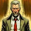 Placeholder: create an male character based on john constantine, whithbrown hair, long dark beard whith some white hairs and beard, flat grey background black suit and black tie, face more old