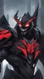 Placeholder: A close picture to Mix between transformers and venom symbiote in solo leveling shadow art style with red details detailsis in fantasy world