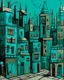Placeholder: A blackish teal abandoned broken city with hovering buildings designed in ancient Egyptian pottery painted by Stuart Davis