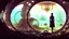 Placeholder: woman standing inside the interior of a ruined alien spaceship, with a circular window, overrun with mushrooms with jellyfish tentacles