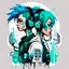 Placeholder: -shirt design, cyberpunk, art boy and girl for style tattoo, blue green hair, headphone, multimedia, with text "digi". Grafity style. White background.