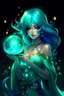 Placeholder: A beautiful girl with glowing starry eyes. And with turquoise hair decorated. And full body. Holds 10 glowing glass beads with a moon inside .fantasy immortl Ye hie