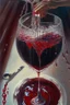 Placeholder: Wine drops from a fork looking down into a red wine glass in which a beautiful woman bathes on a modern kitchen counter, on embroidered lace, Hyper realistic, oil on canvas award winning fantastic view ultra detailed acrylic art Ultra realistic Impressionism Surrealism simen johan, sharp focus intricate oil on canvas cinematic lighting photorealistic high detail ultra detailed crisp quality in sunshine