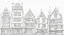 Placeholder: A highly detailed front elevation line drawing of a row of fantasy houses of different heights with tall chimneys, rooms and floors added to sides and roofs, like Harry Potter's Diagon Alley, inspired by Moebius