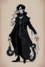 Placeholder: black haired young man necromancer wizard with gothic jewelry and tentacle fingers in the style of Fyodor Pavlov