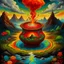 Placeholder: A magic potion boils in a three-legged cauldron On top of a volcano on an island. painted in traditional landscape Chinese style with a psychedelic twist.