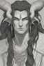 Placeholder: A dnd character portrait, a tiefling man with long hair and two long black horns that curve backwards, white eyes and pale skin. Handsome. Young.