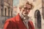 Placeholder: elegant blonde man in firenze in red costume in sunshine, shading pastel and charcoal