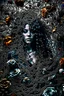 Placeholder: abstract creation of a beautiful girl with black curly hair, surrounded by black roses, thick metal chain broken, glass petals on the ground, autumn colours,dried out thorn bush, chaos,