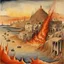 Placeholder: Rome wasn't built in a day, but it didn't take long to go down in flames, neo surrealism, bleeding deep colors, alcohol paint watercolor, by Yves Tanguy, meander art.