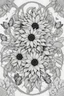 Placeholder: Mandala of sunflowers intertwined with butterflies, illustrated in black and white with defined lines for an adult coloring book, contour, vector, sleek line art, on a white backdrop