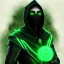 Placeholder: A portrait of a man with glowing green eyes wearing a big black hood and dark clothes