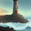 Placeholder: franz frazetta style,lighthouse near the coast, sea in the distance, sunset