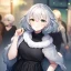 Placeholder: Clear focus, High resolution, light grey short hair, dark green eyes, wearing a black t-shirt and black skirt, fluffy hair, detailed outfit, really fluffy hair