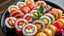 Placeholder: A sushi platter featuring rolls made with unconventional ingredients like vibrant dragon fruit, gold leaf, and edible flower petals. Each piece is meticulously arranged to form a stunning mosaic pattern. Award-winning photograph, beautiful composition, exquisite detail and illumination