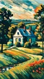 Placeholder: picture of a cottage surrounded by fields and trees in the Post-Impressionist style