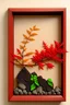 Placeholder: decorative wooden wall frame made of red Orange ando green foliage , branches, small volcanic rocks ikebana style with a background in soft colors