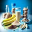 Placeholder: Ingredients for a proteinshake. Eggs, bananas, protein powder, nuts, studio view. Workout items, jump rope, realistic.