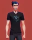 Placeholder: A slim relatively high guy with wild curly blond hair, smiling with teeth and wearing black skinny jeans and a t-shirt