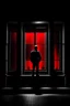 Placeholder: lone man in front of window, black and white, red colour, night