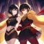 Placeholder: Clear focus,High resolution, Black short fluffy hair, and yellow eyes, wearing a black short skirt, sleeveless crop top, wearing long dark red gloves, yellow cloak, Holding hand out