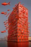 Placeholder: A crazy surreal incandescent building with flying fishes by artist "Sandy Skoglund",by artist "Victor Enrich"